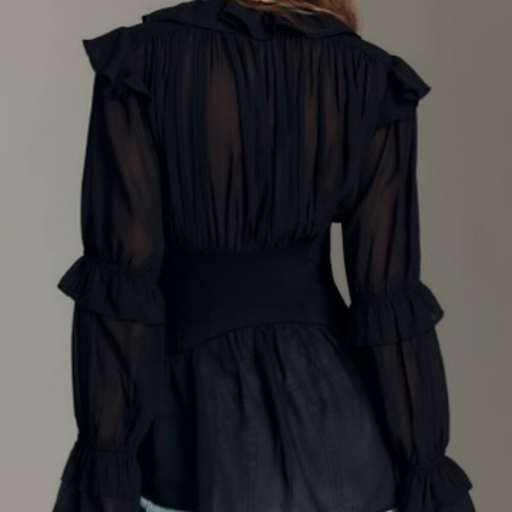 Anthropologie Long-Sleeve Sheer Corset Blouse black size xxs - Picture 2 of 7